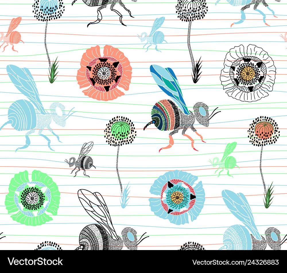 Seamless pattern with cute hand drawn bee Vector Image
