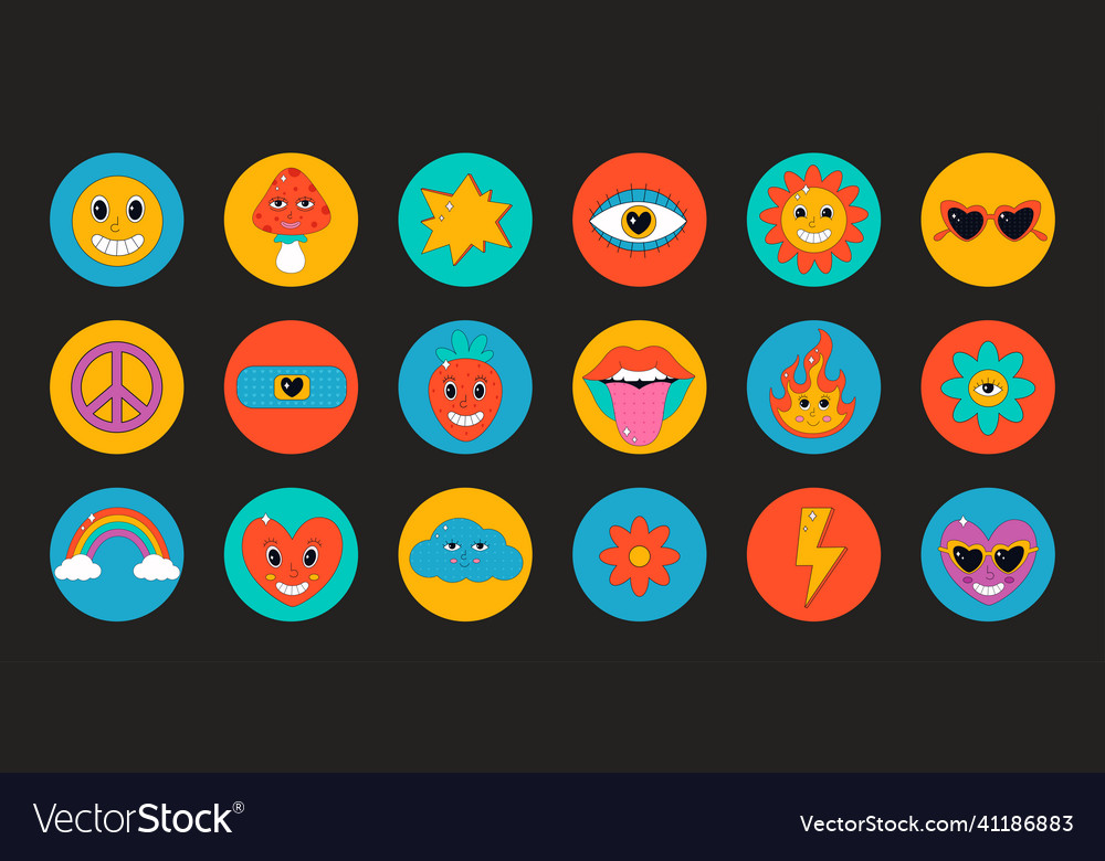 Set of cute elements and characters in psychedelic