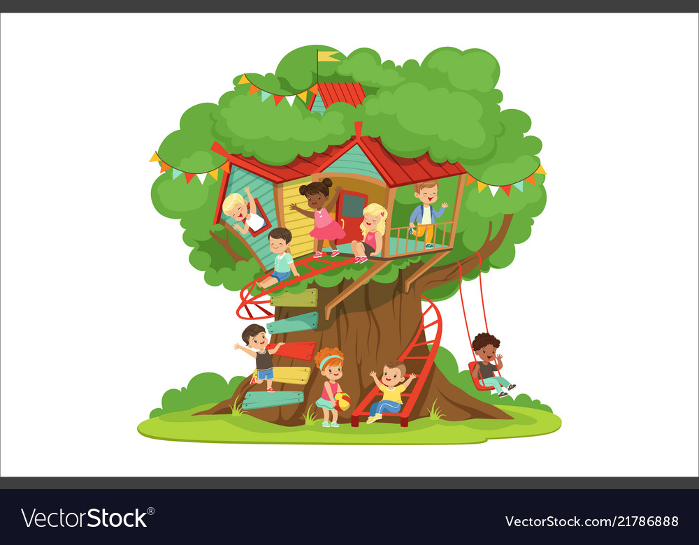 Children playing and having fun in the treehouse