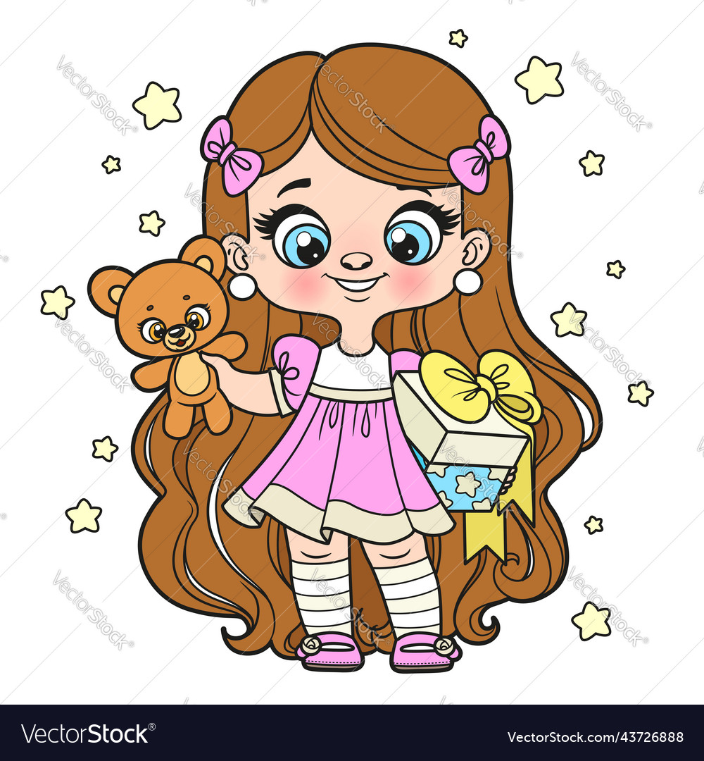 Cute cartoon long haired girl with gift and teddy