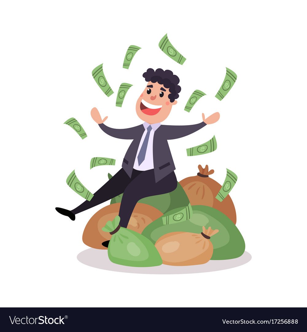 Happy millionaire character sitting on a pile Vector Image