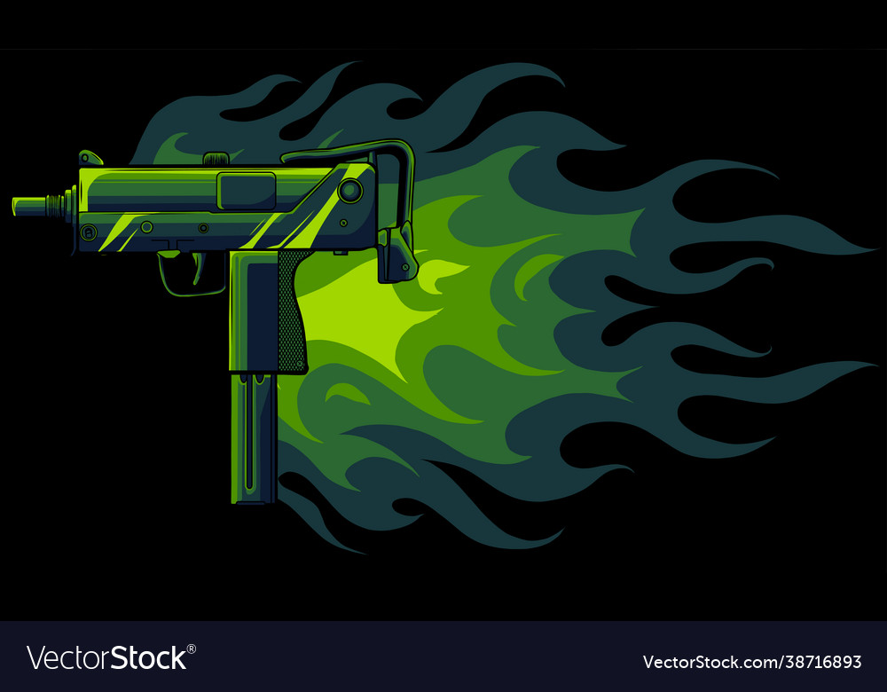 A uzi gun with flames Royalty Free Vector Image