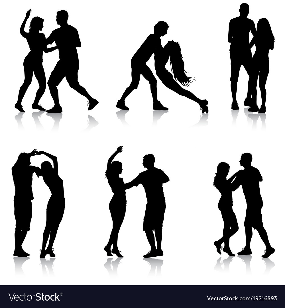 Black set silhouettes dancing on white background