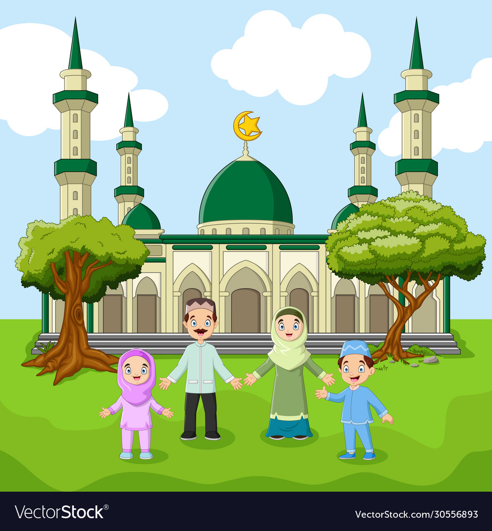 Family moslem standing in front big mosque Vector Image