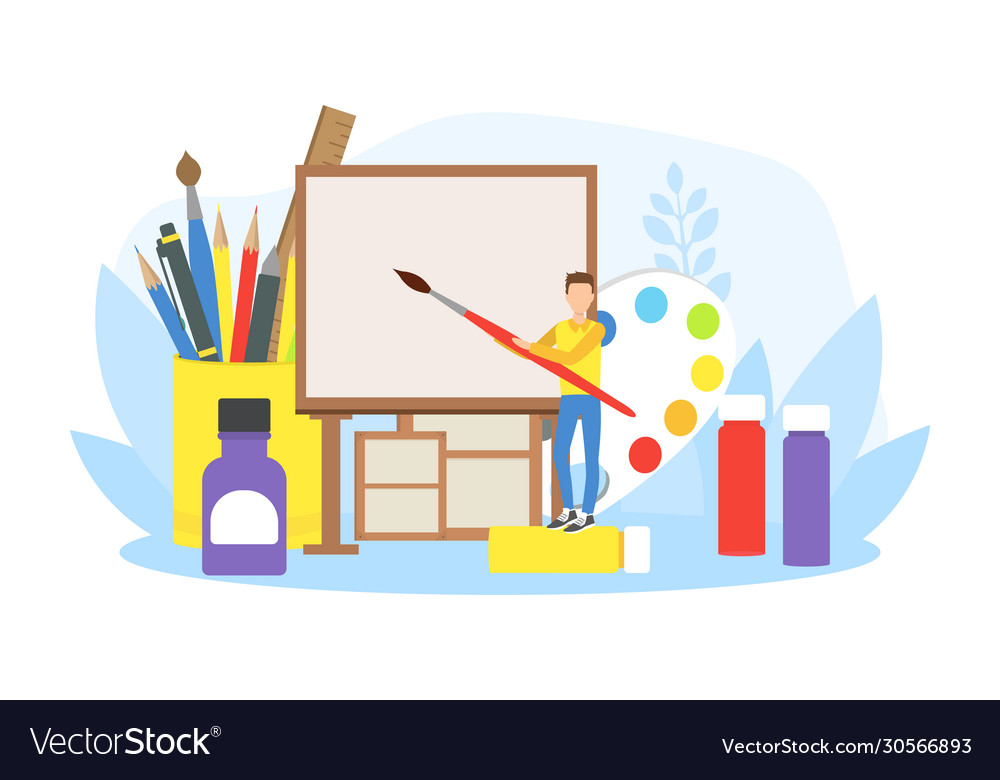 Tiny young woman artist painting with big Vector Image