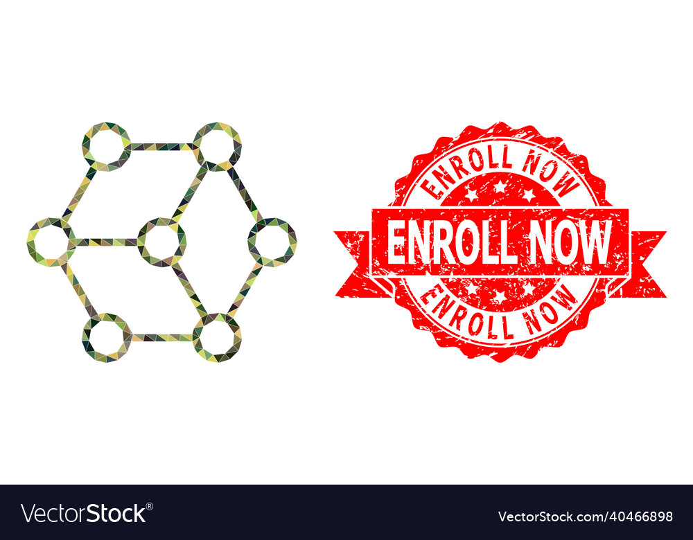 Textured enroll now stamp and blockchain nodes low vector image Textured enroll now stamp and blockchain nodes low