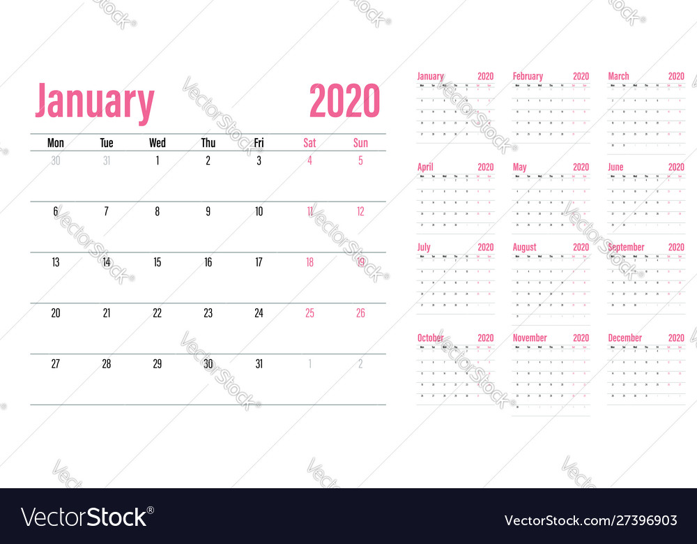 Calendar planner 2020 template vector image Calendar planner 2020 template