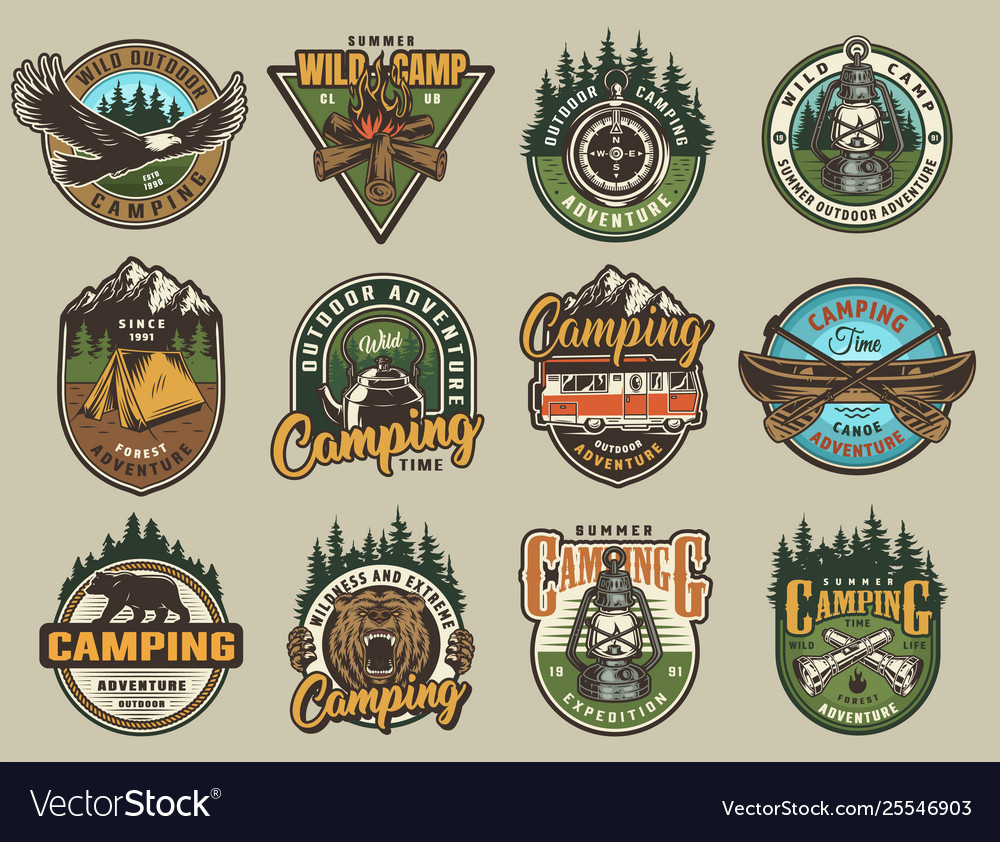 Colorful summer adventure labels set Royalty Free Vector