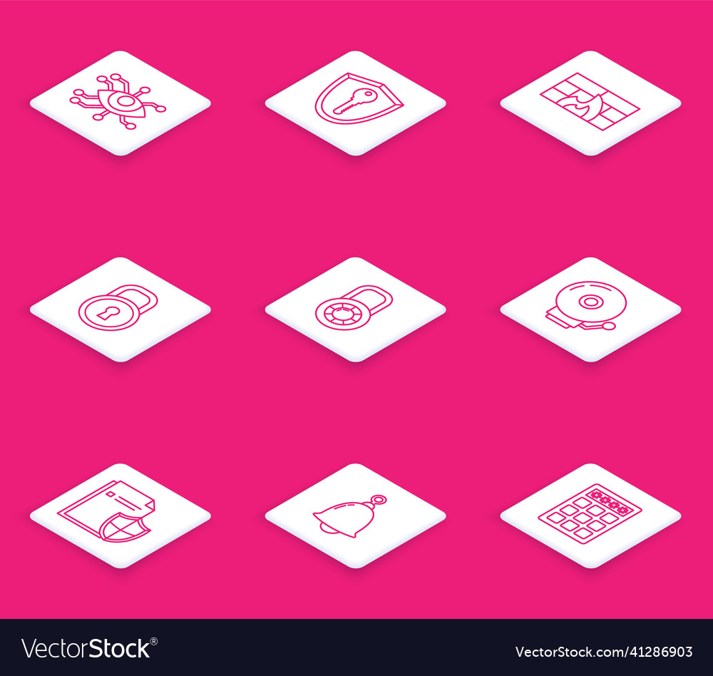 Set line eye scan shield with key firewall vector image Set line eye scan shield with key firewall