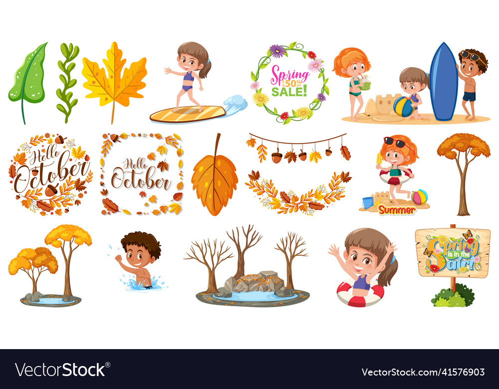 Set of four seasons trees and nature objects