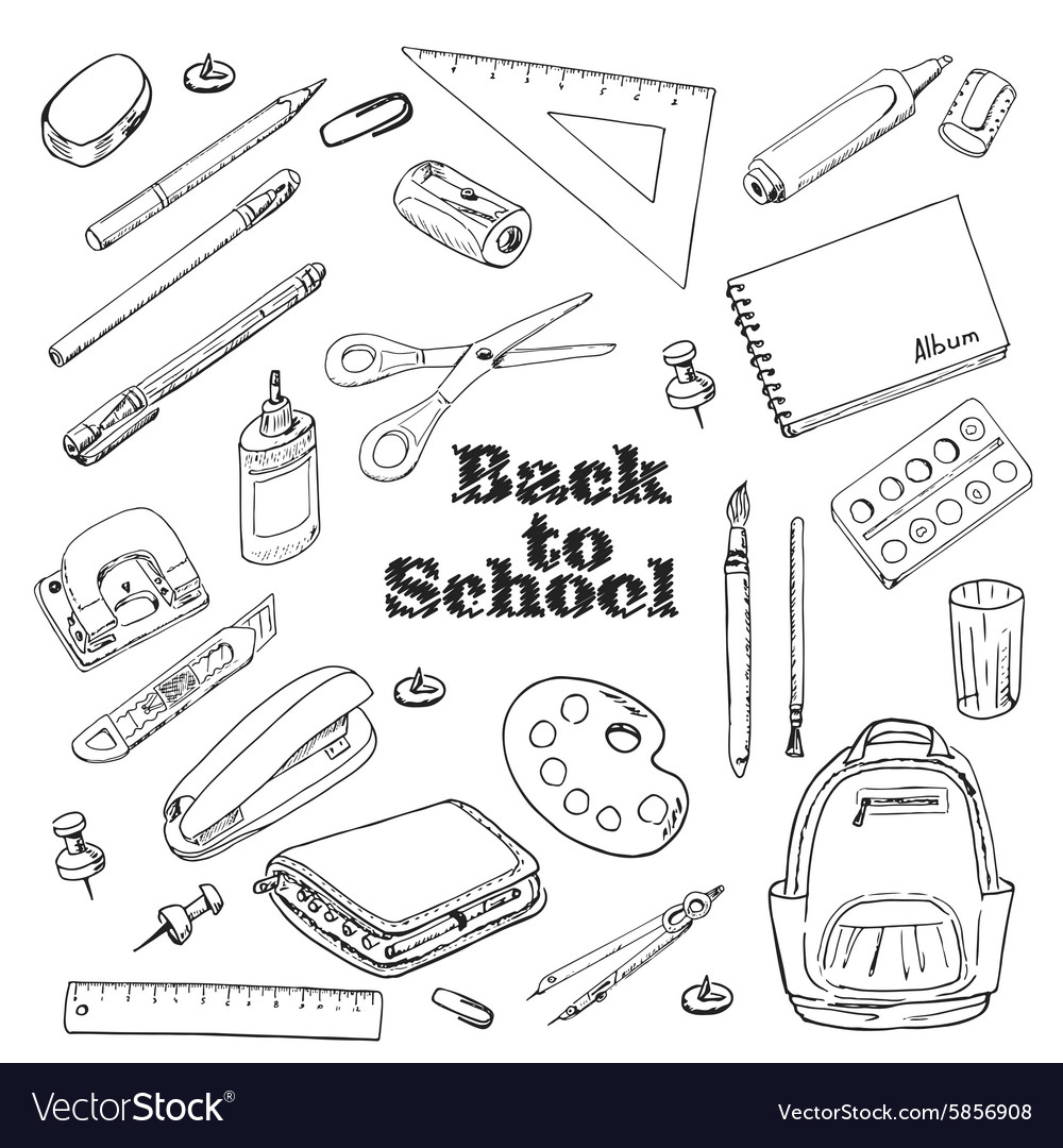 Back to school - set of objects in sketch style