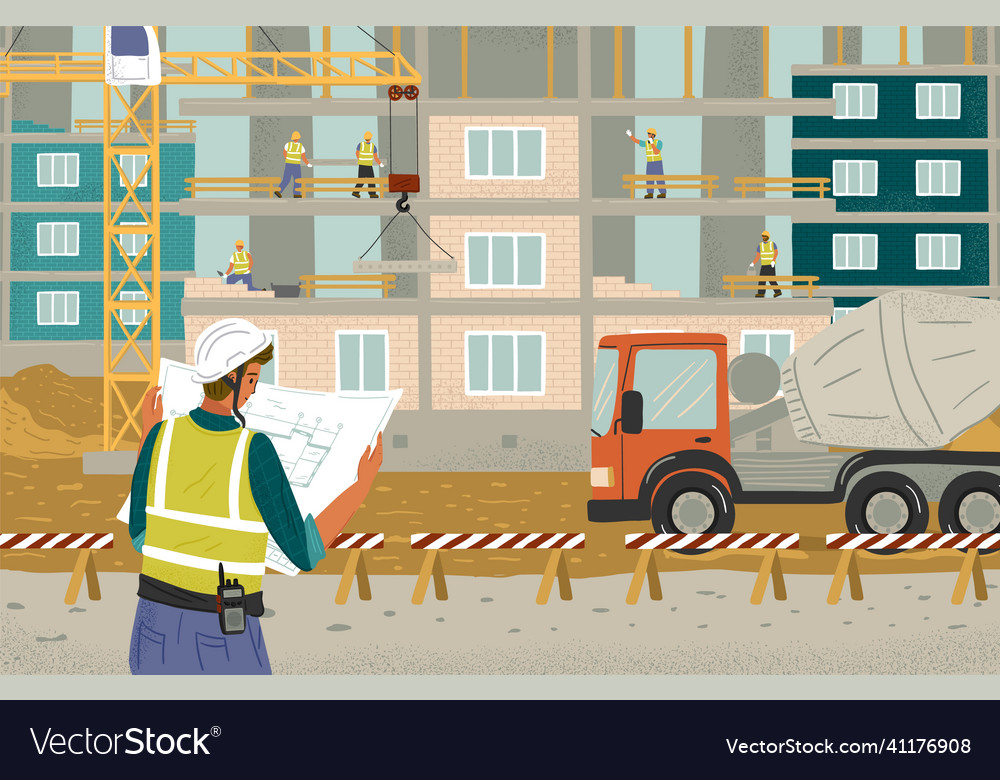 Construction engineer controls building process vector image Construction engineer controls building process