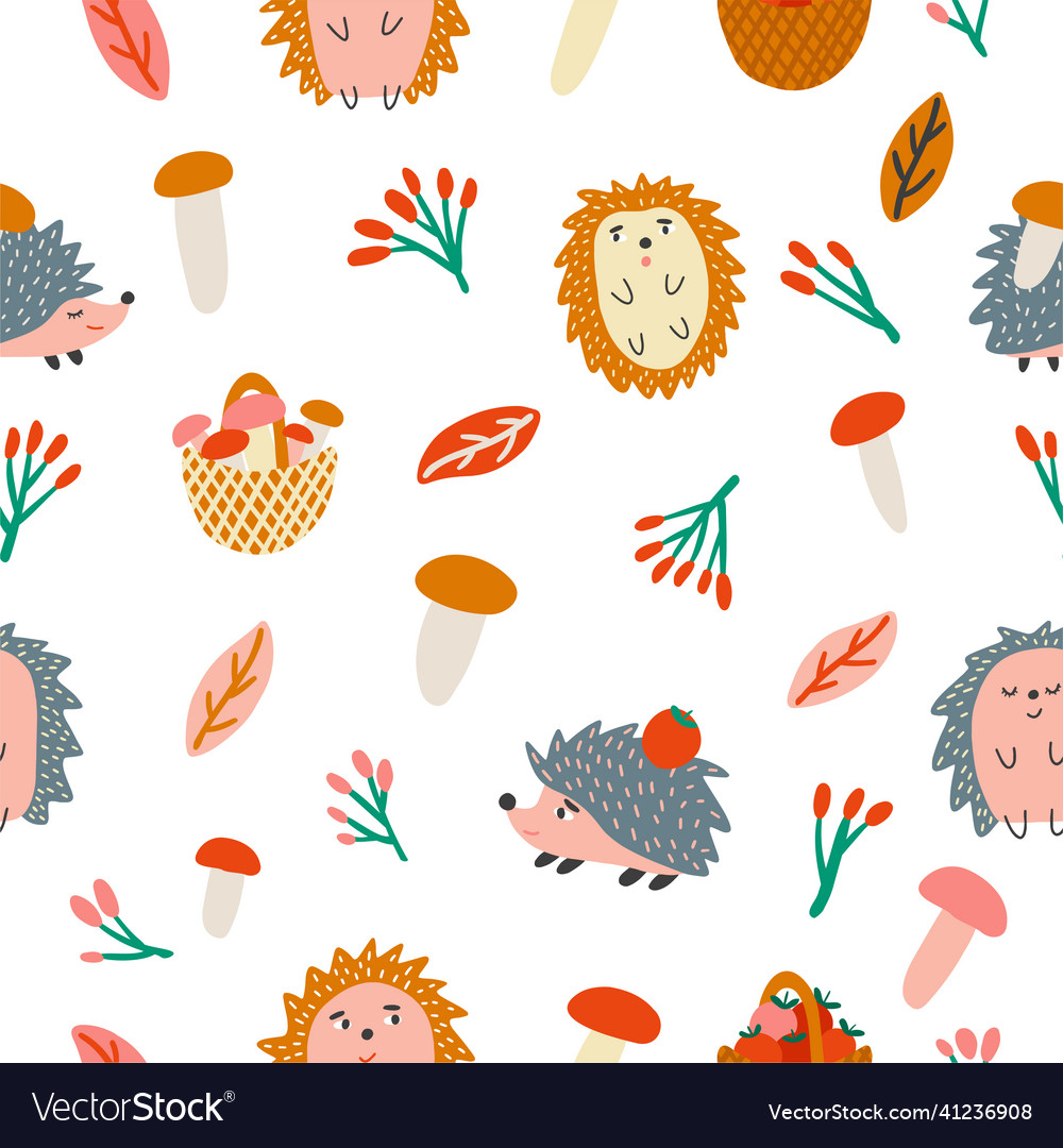 Cute seamless pattern with hedgehog field flowers