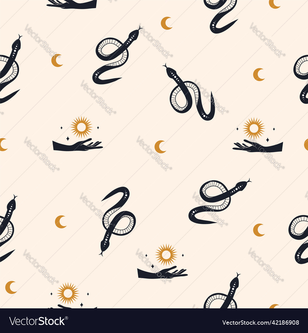 Seamless pattern with boho magic snake and moon vector image Seamless pattern with boho magic snake and moon