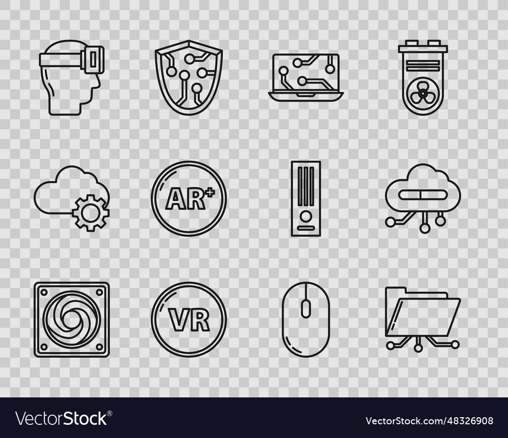 Set line computer cooler folder and lock laptop vector image Set line computer cooler folder and lock laptop