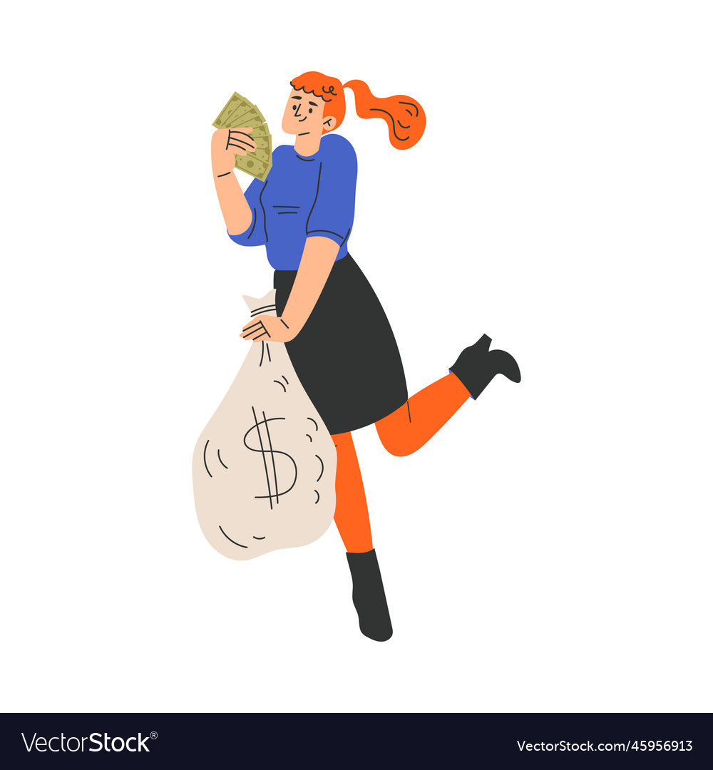 Rich woman character with sack full of banknotes