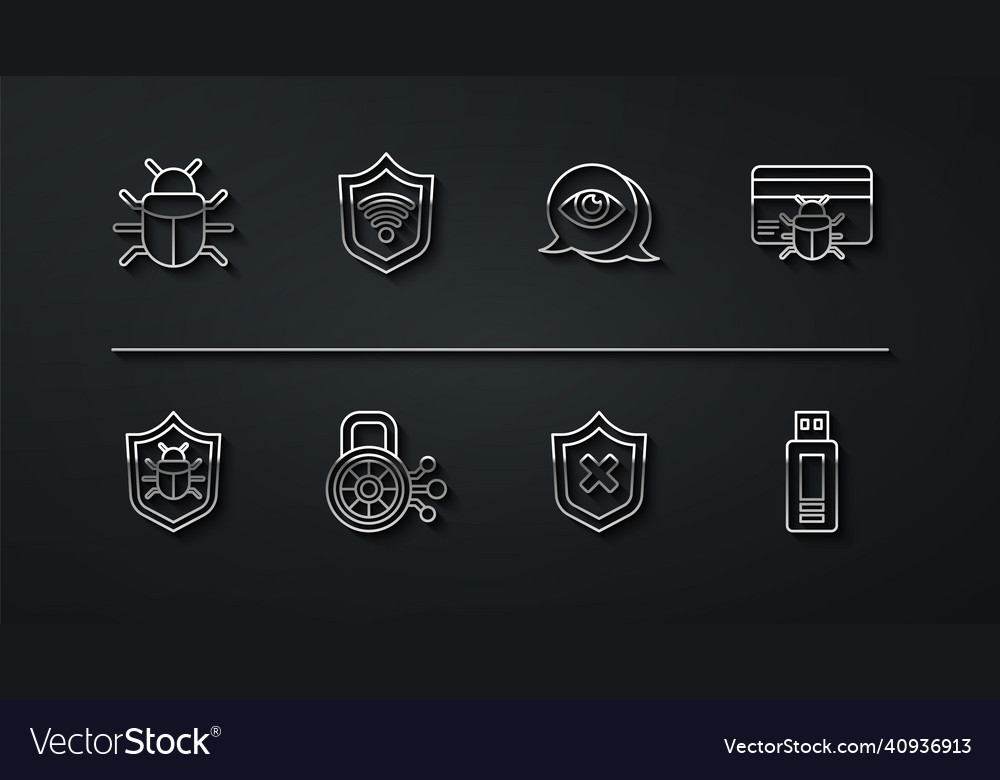 Set line system bug in credit card shield vector image Set line system bug in credit card shield