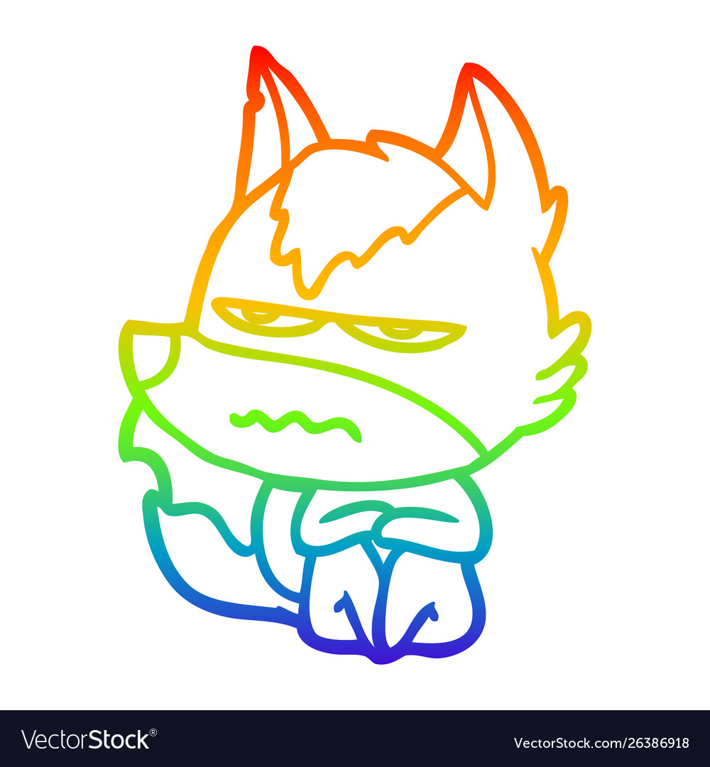 Rainbow gradient line drawing cartoon annoyed wolf