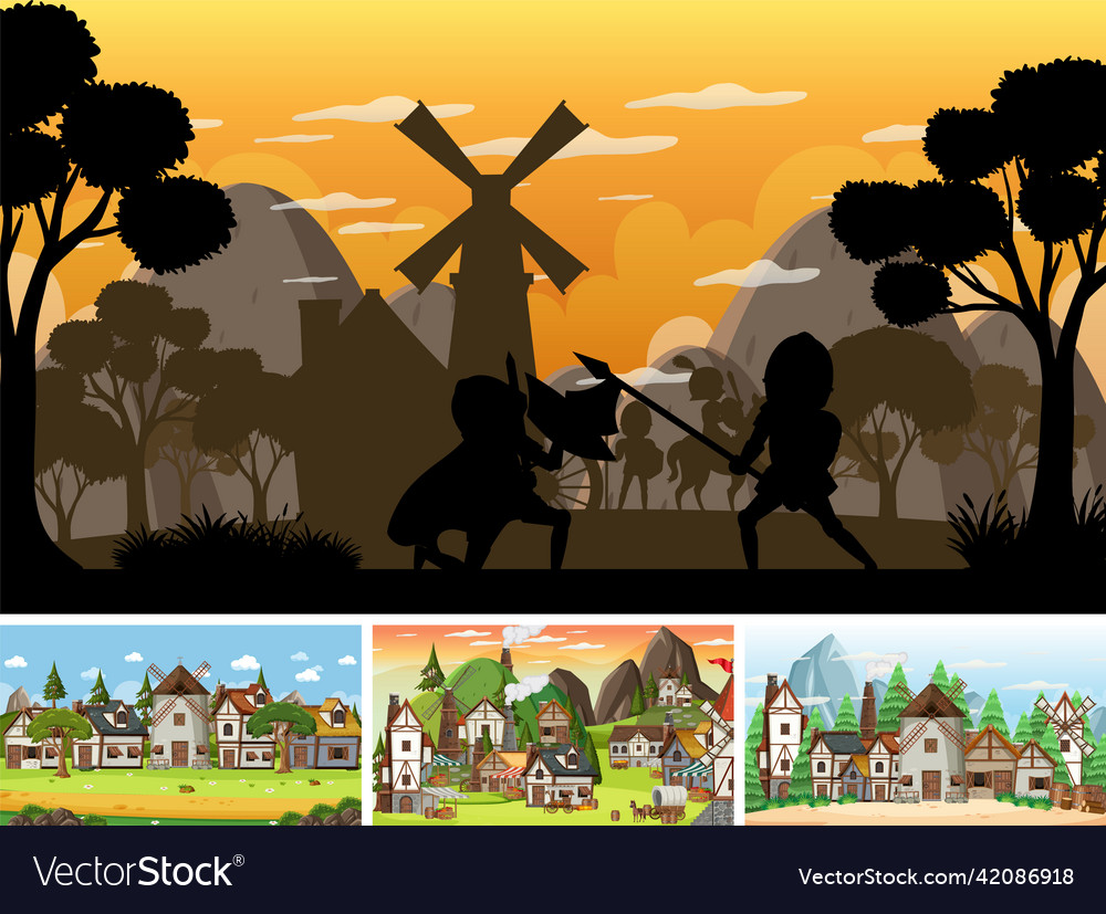 Set of different scene medieval with silhouette