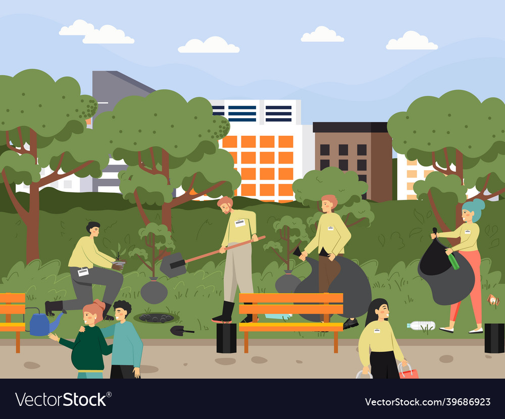 Volunteers collecting garbage planting trees Vector Image