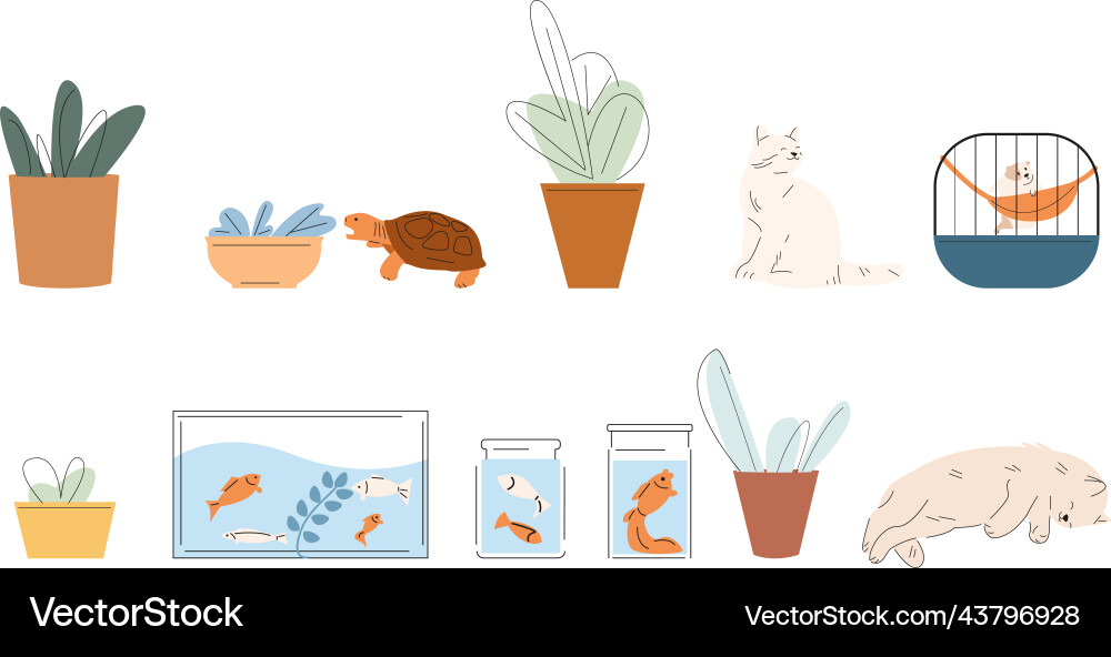 Animals and plants in pots home cozy elements Vector Image