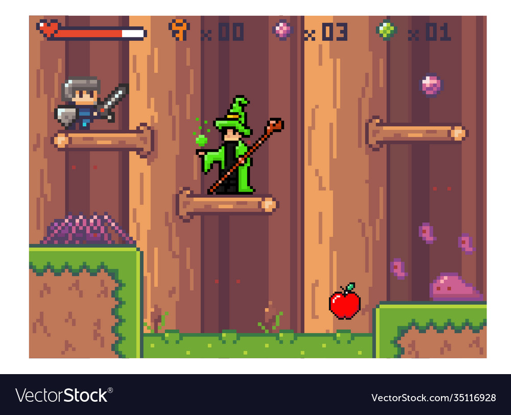 Pixel computer game interface wizard in mantle vector image Pixel computer game interface wizard in mantle