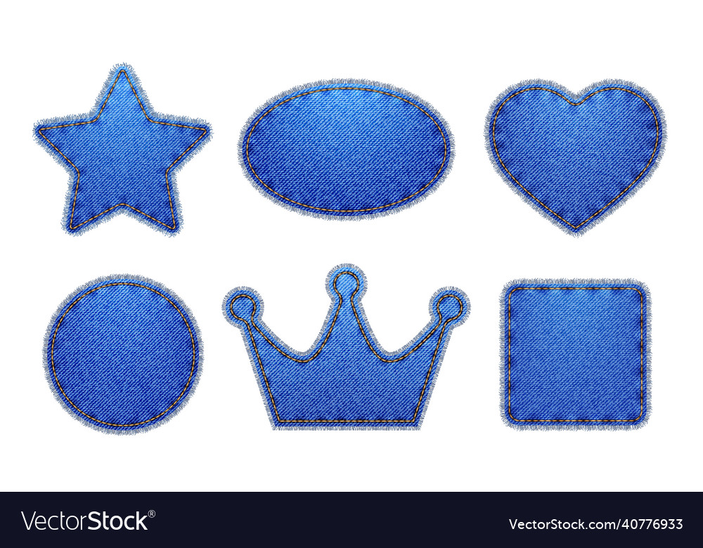 Blue denim jeans patches labels crown and heart vector image Blue denim jeans patches labels crown and heart