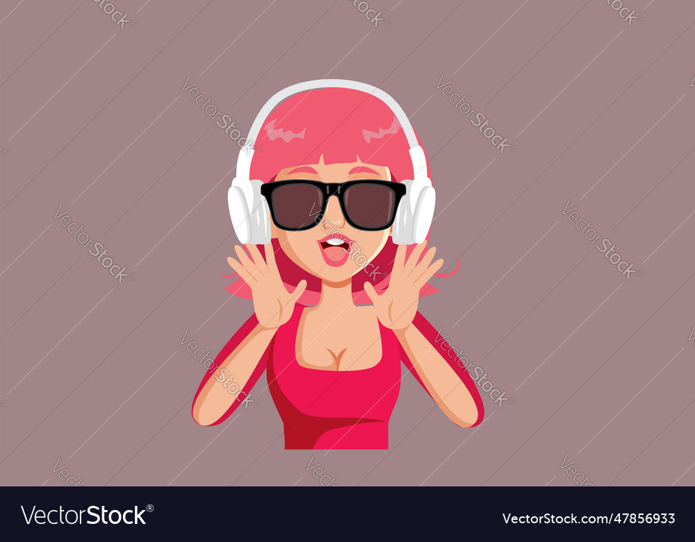 Cheerful woman listening to music at headphones