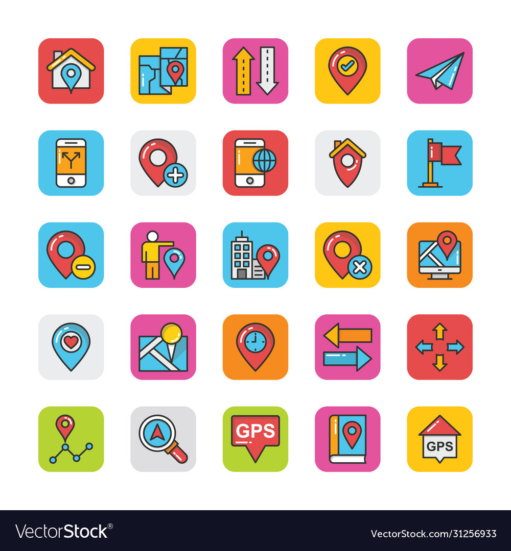 Flat icons set maps and navigations vector image Flat icons set maps and navigations