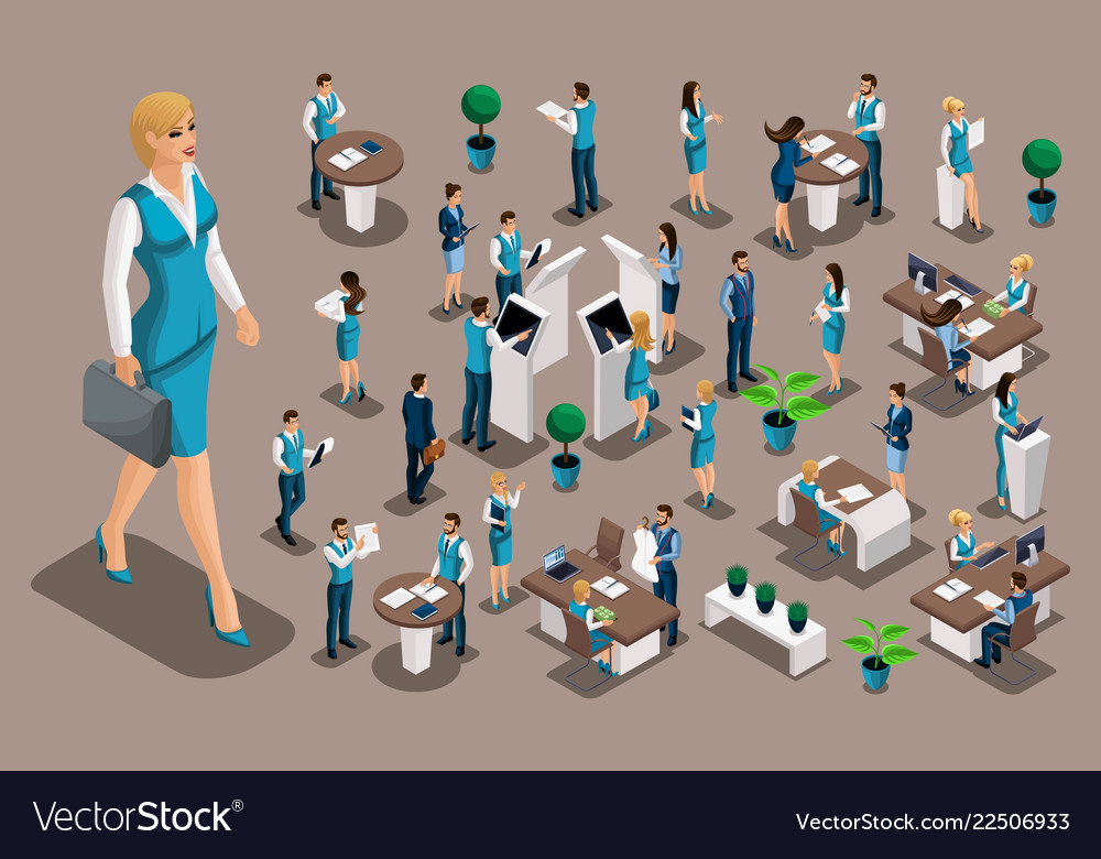 Isometric set bank icons with employees