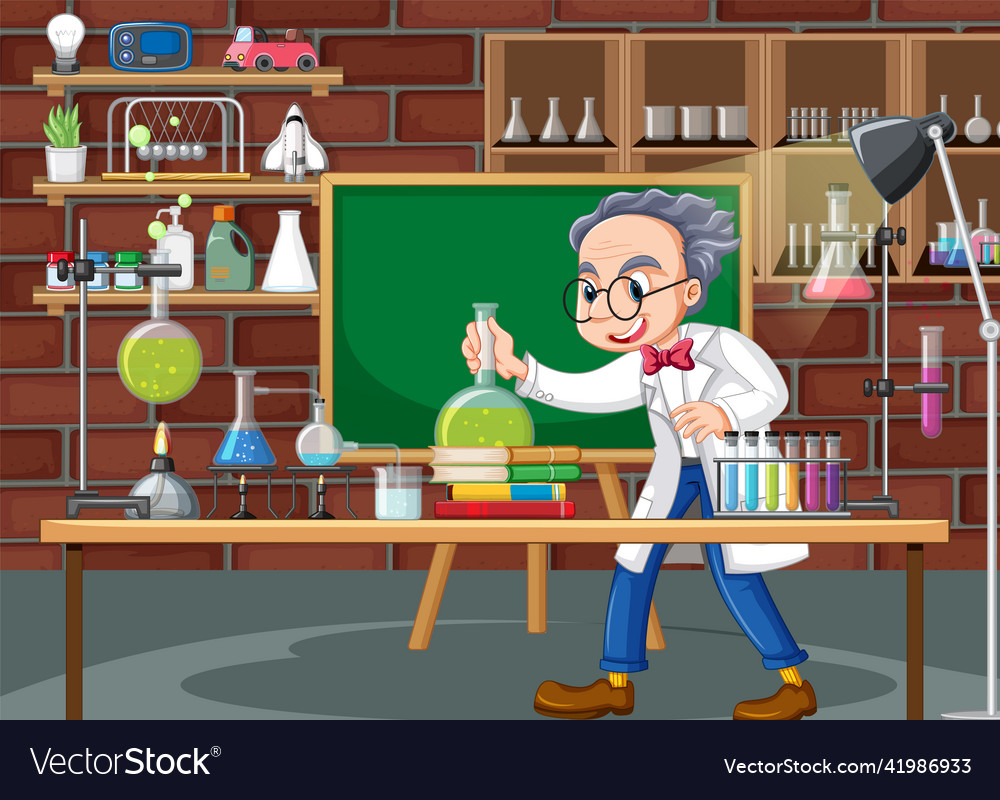 Laboratory scene with scientist cartoon character Vector Image