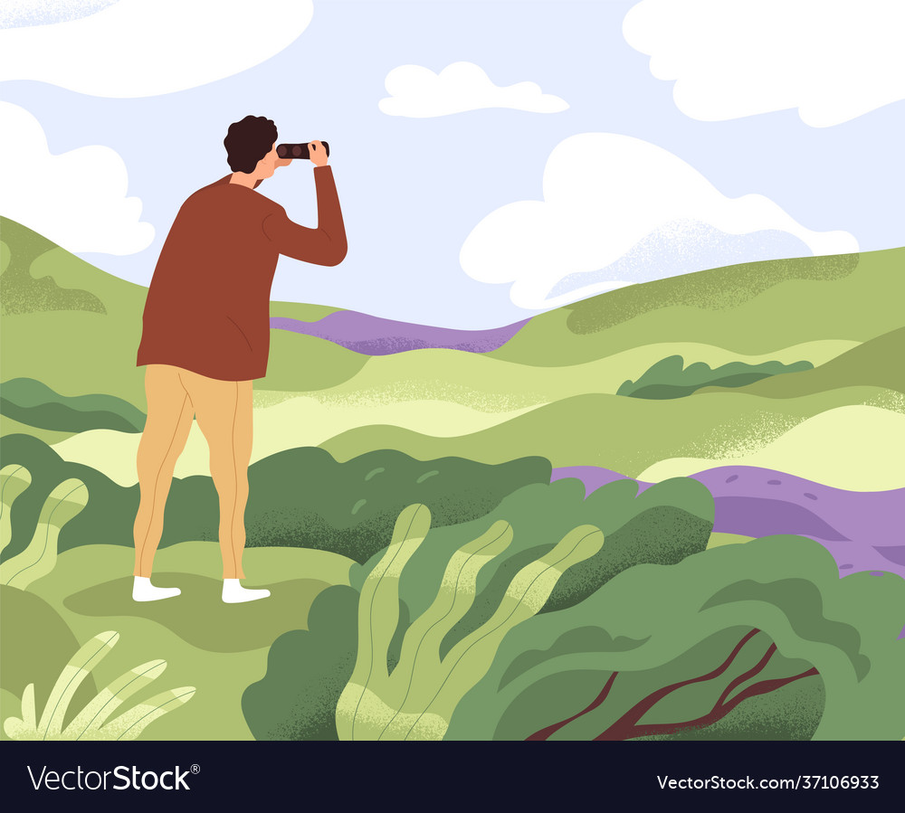 Man with binoculars looking forward in future