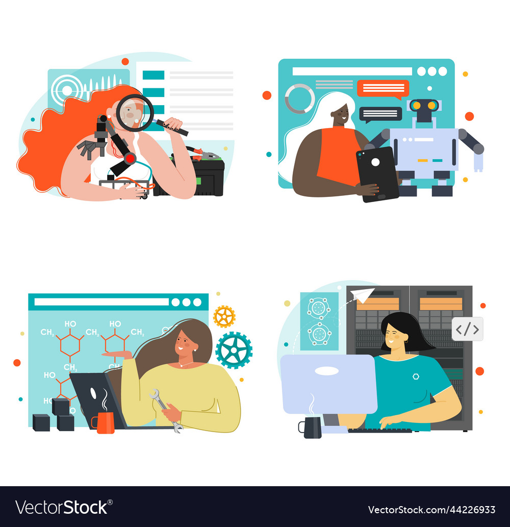 Robot engineering and programming scene set vector image Robot engineering and programming scene set