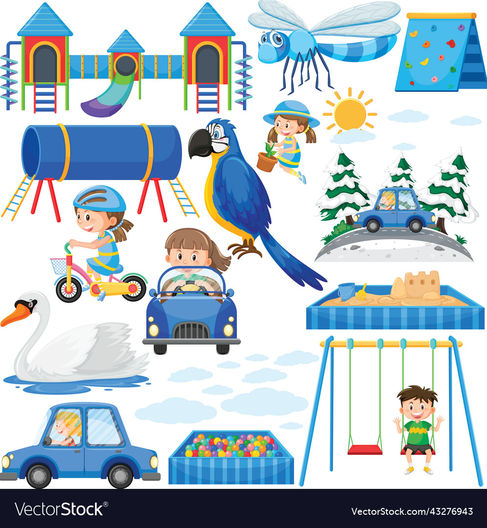 Set of different objects in blue vector image Set of different objects in blue