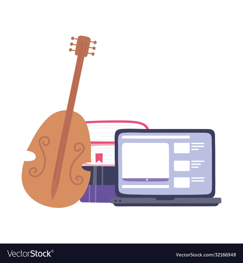 Fiddle instrument with laptop and stack books Vector Image