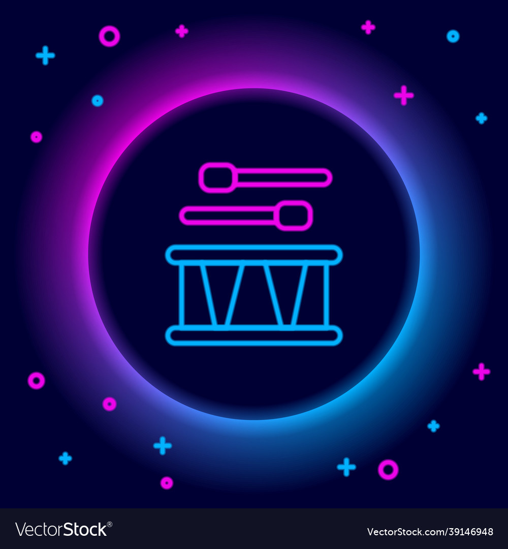 Glowing neon line drum with drum sticks icon Vector Image