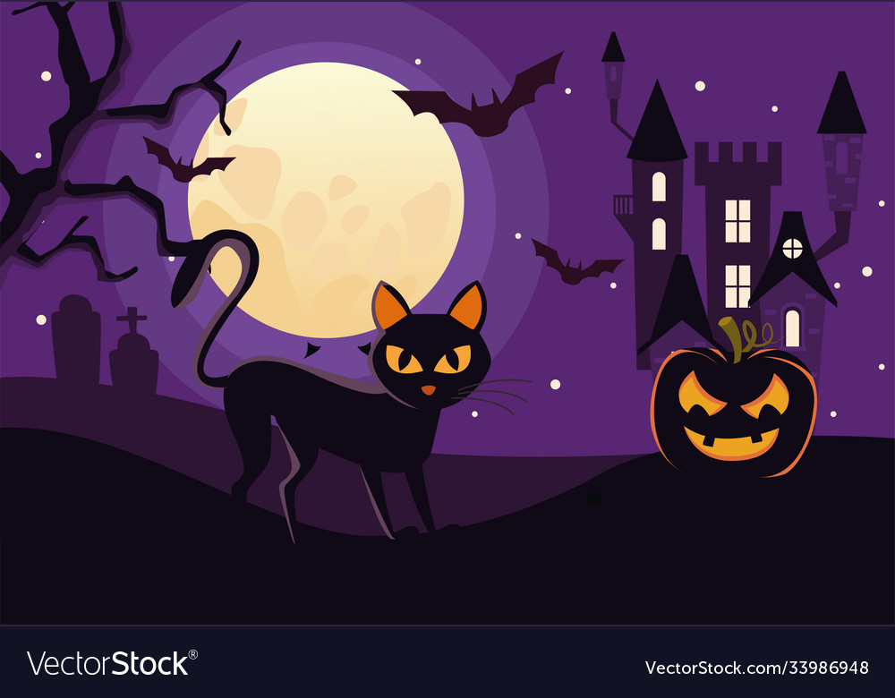 Halloween dark haunted castle with cat and bats Vector Image