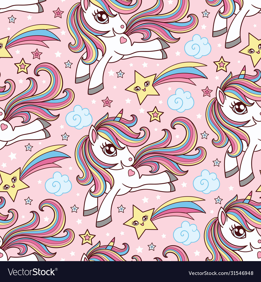 Seamless pattern with unicorn in sky on a pink vector image Seamless pattern with unicorn in sky on a pink