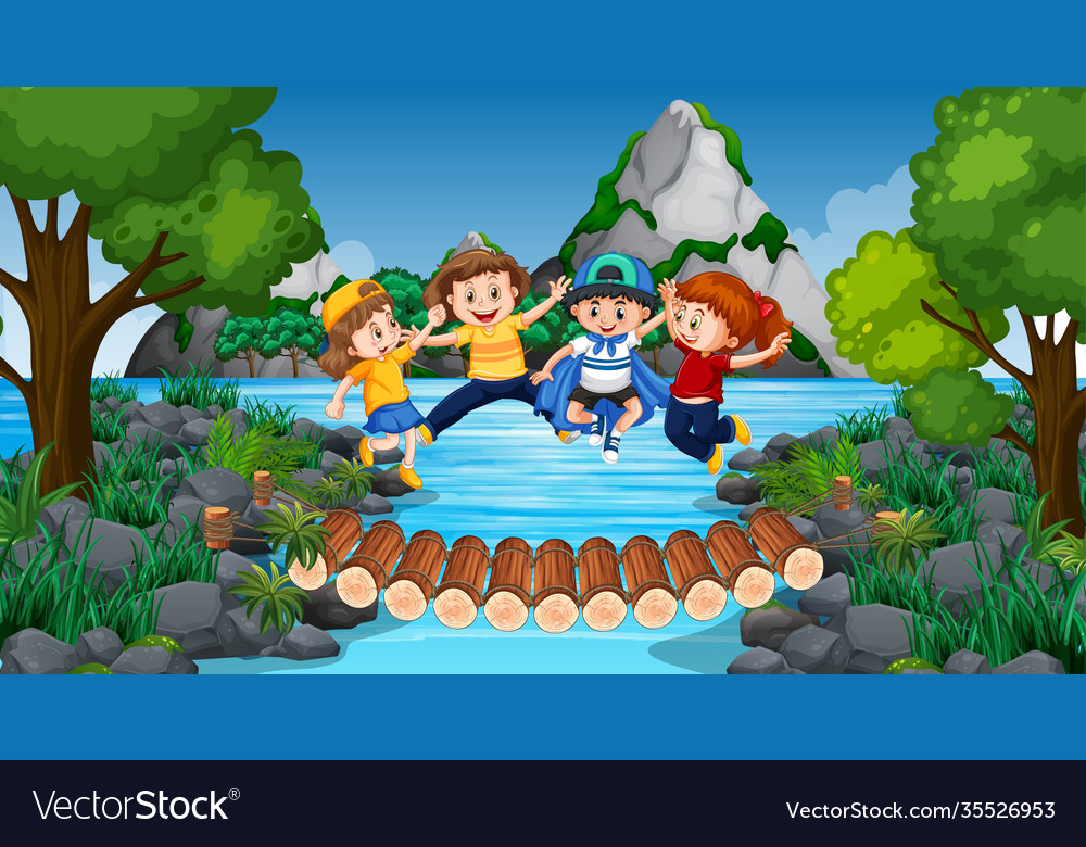 Children at ourdoor nature background Royalty Free Vector