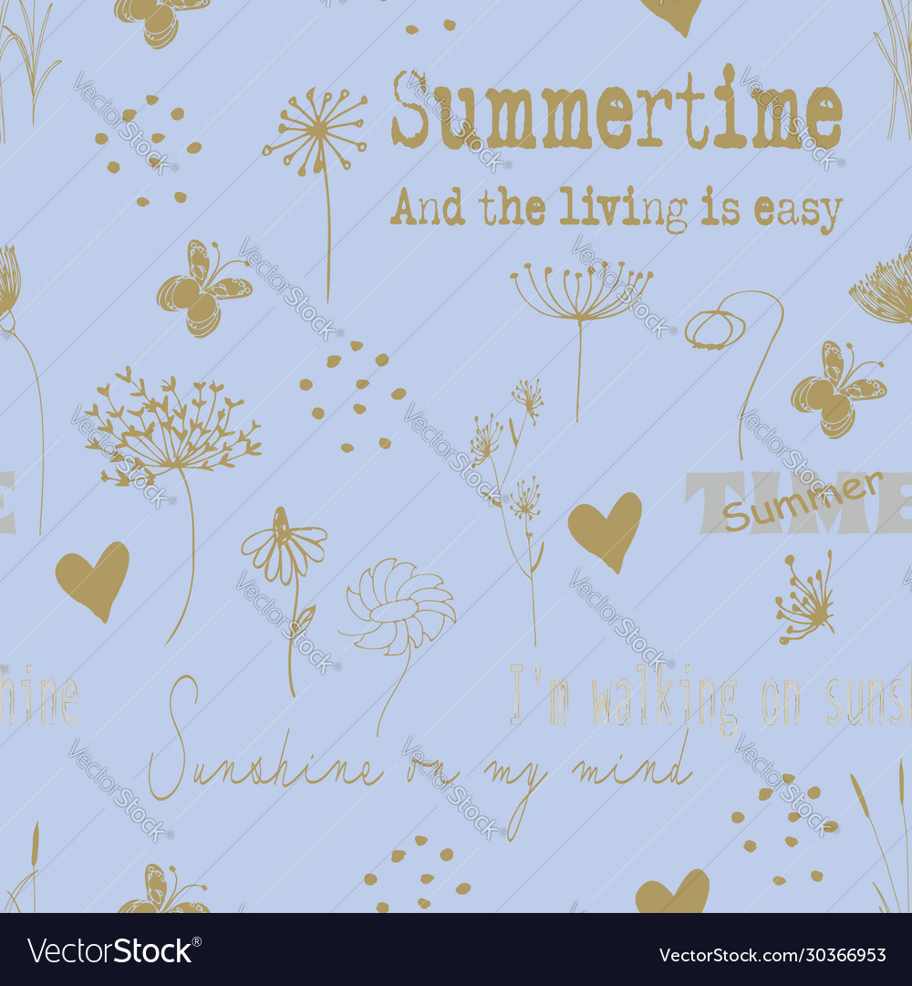Golden wild flower repeat pattern line art print