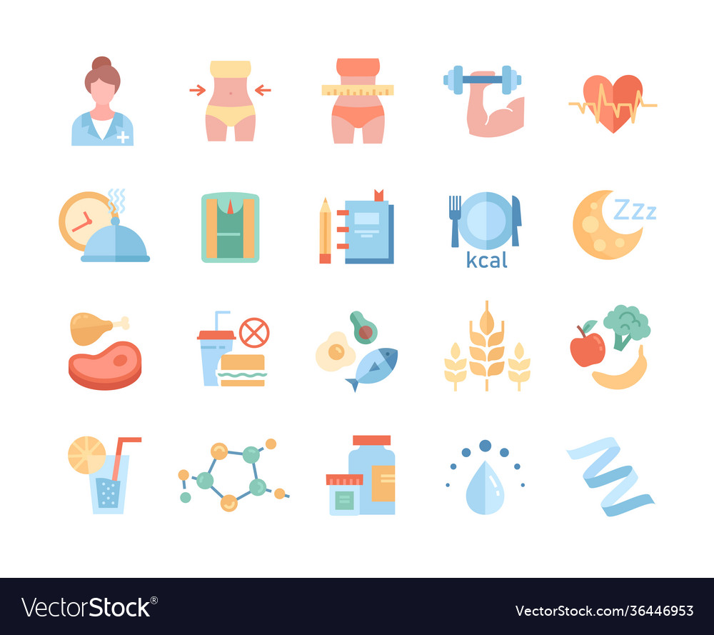 Large set line black and white drawn diet icons