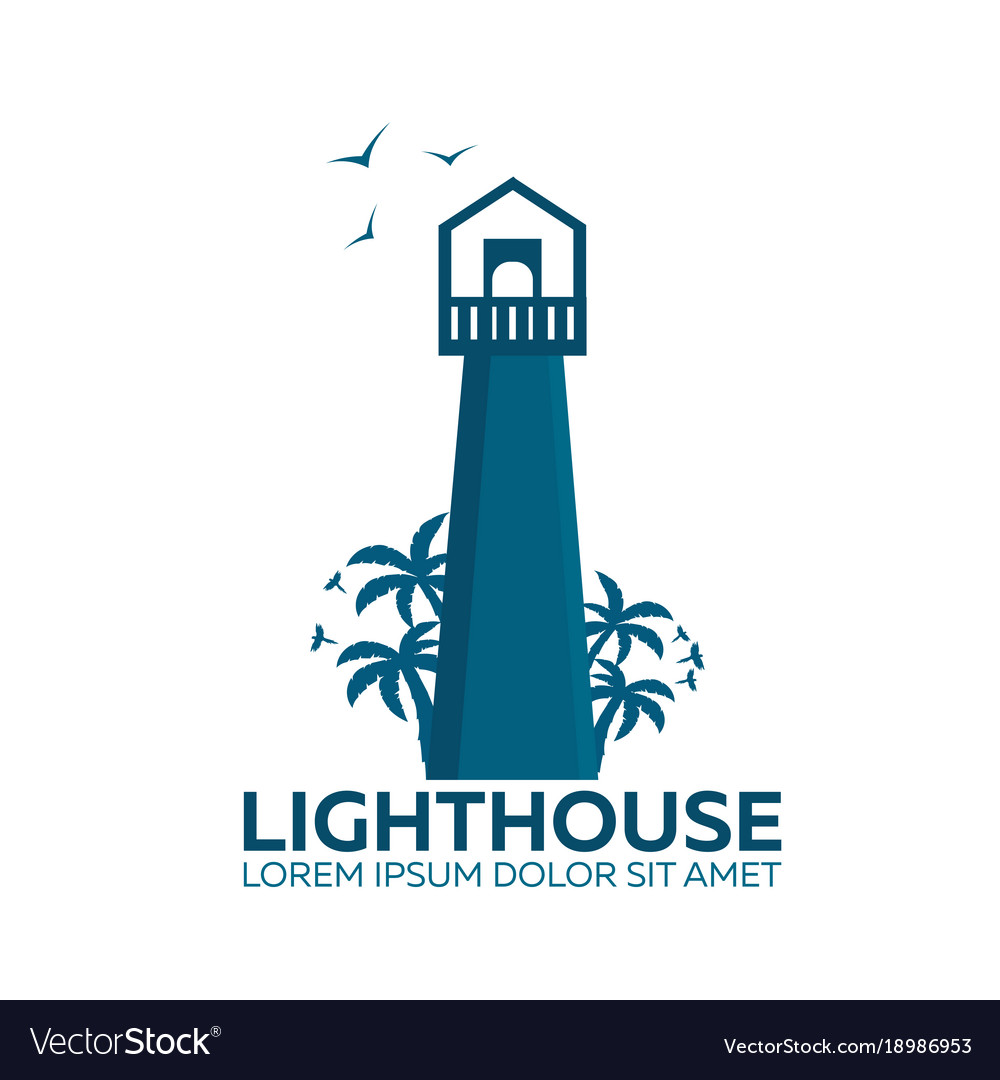 Lighthouse logo palm and birds flat Royalty Free Vector