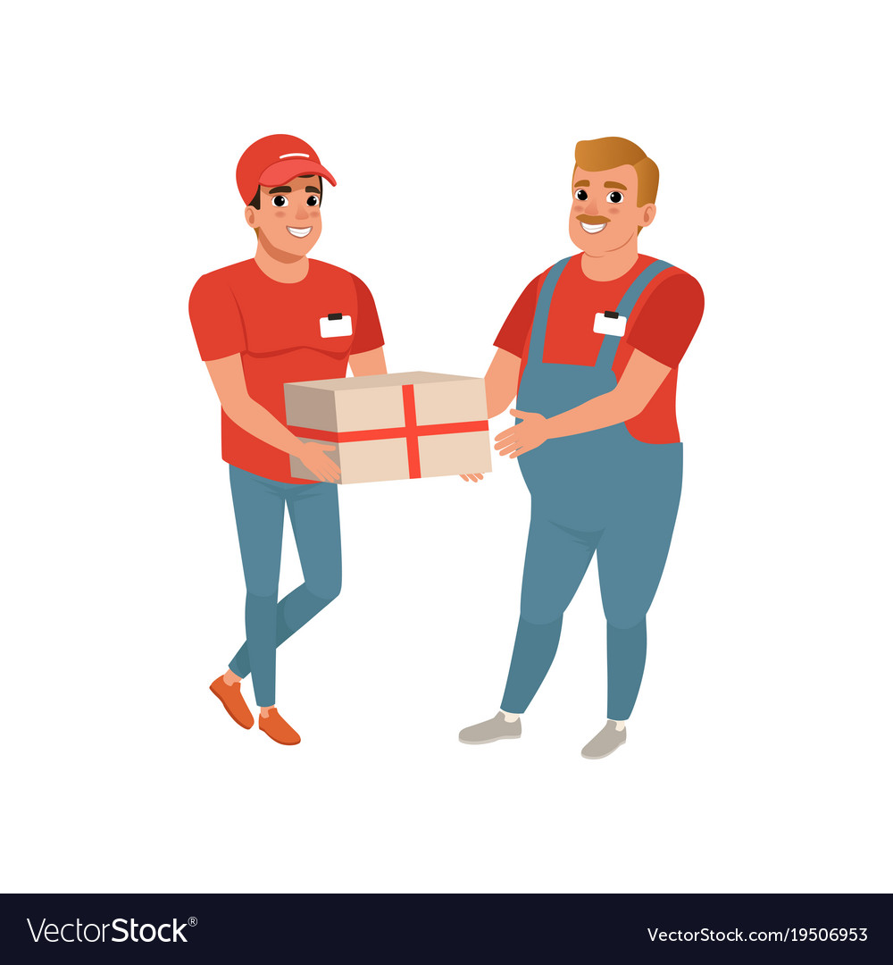 Postal worker giving parcel to young courier man