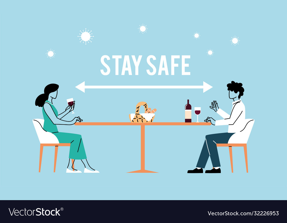 Social distancing between woman and man at table Vector Image