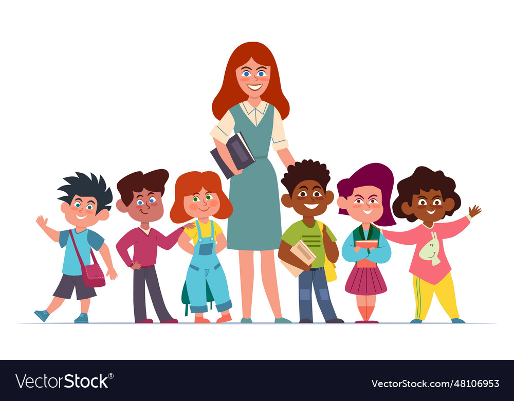 Teacher with children happy multiethnic girls and Vector Image