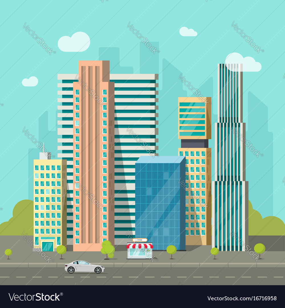 City buildings near road cityscape modern Vector Image