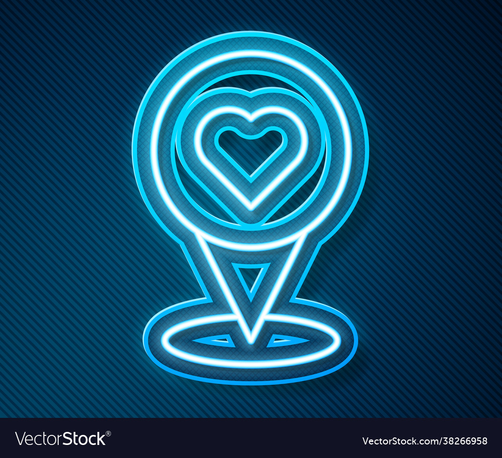 Glowing neon line map pointer with heart icon