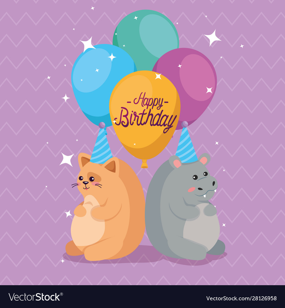 Hippo and cat with happy birthday design Vector Image