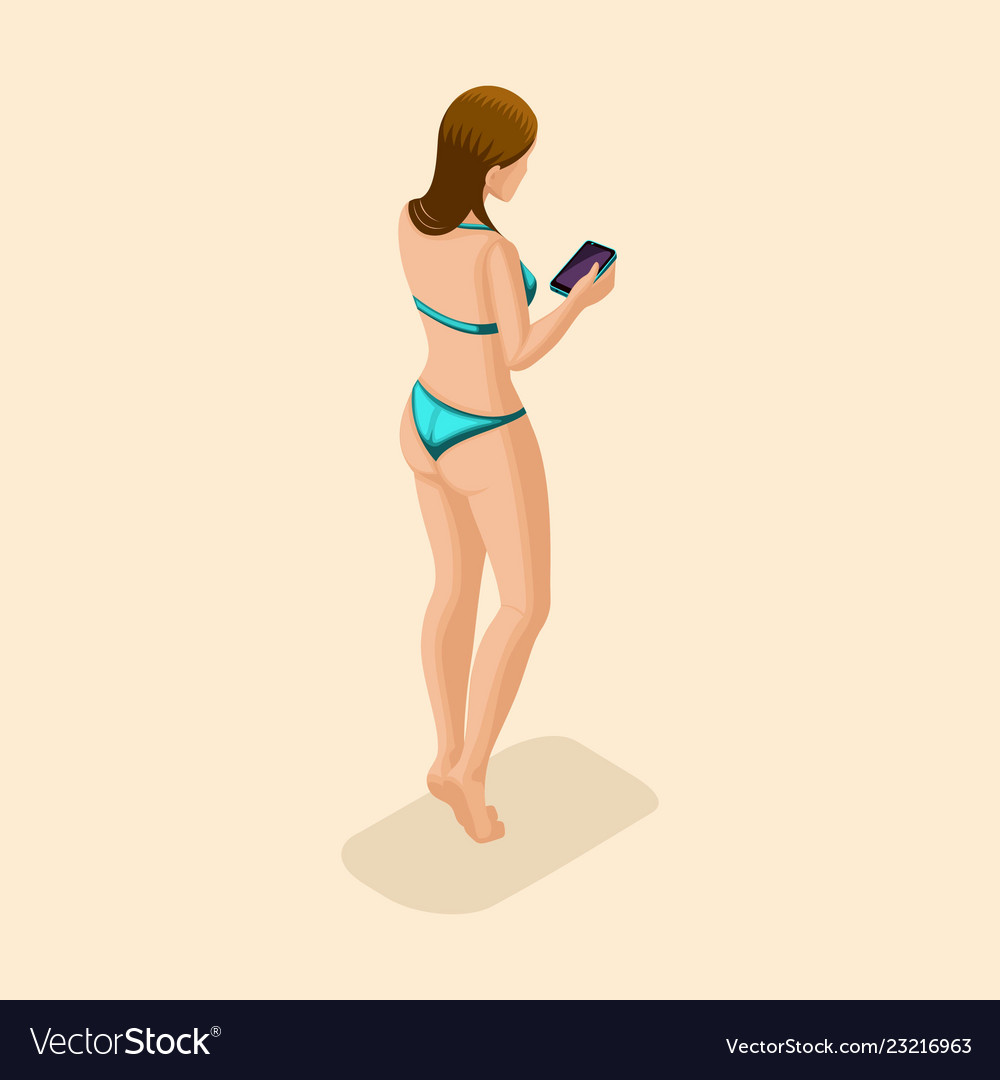 Isometric girl in a bright swimsuit beach sea