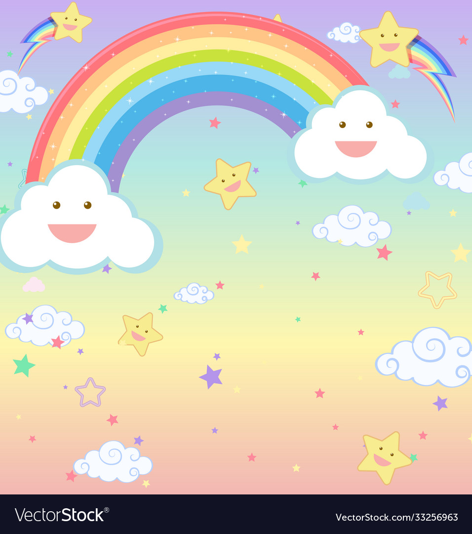 Rainbow with smiley cloud on blank pastel Vector Image